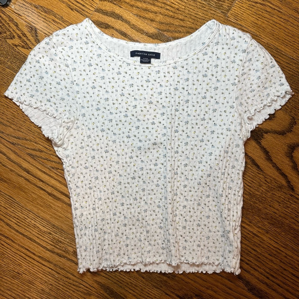 American Eagle tee; white with floral pattern and ruffles